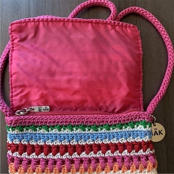 The Sak Pink Crochet Multi Colored Boho‎ Striped Crossbody Bag - Picture 4 of 6
